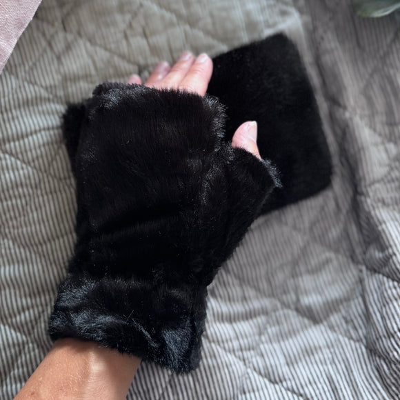 Faux Fur Fingerless Mittens - Black