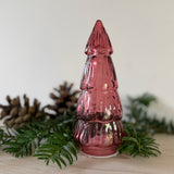 Small tree-shaped LED light in red glass, alternate view