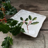 Square stoneware plate with green holly design