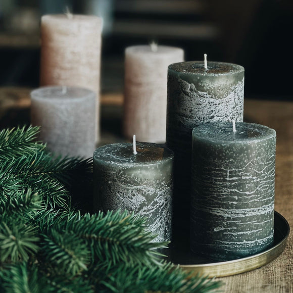 Rustic Pillar Candles in Olive