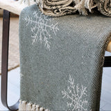 Blankets with snowflake patterns on a table.