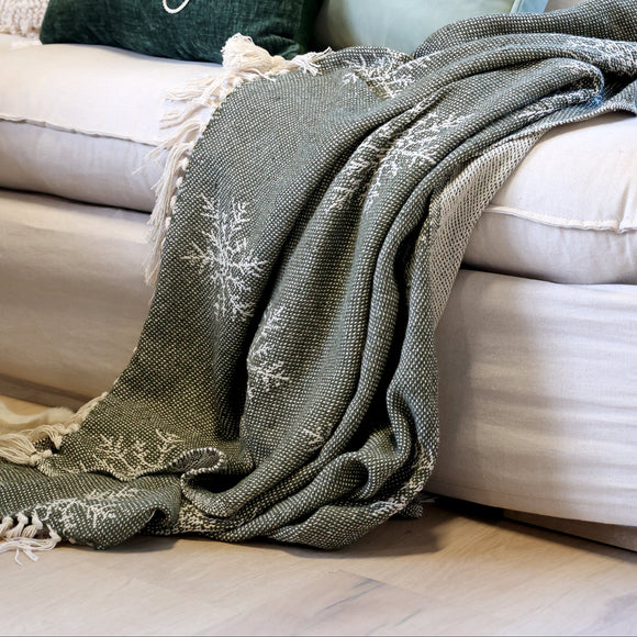Cozy living room scene with a blanket and pillows on a sofa