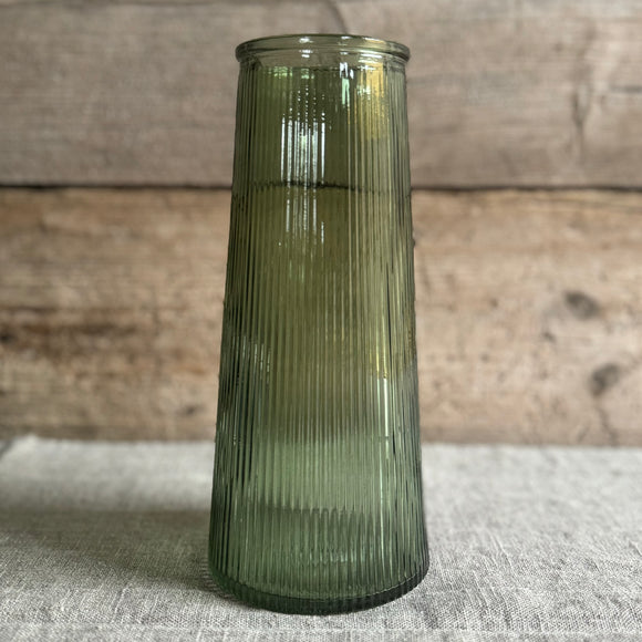 Vintage Green Glass Ribbed Vase