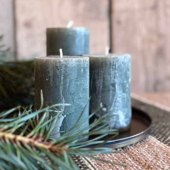 Rustic Pillar Candles in Moss Green
