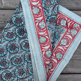 Cotton Hand Block Printed Tablecloth in Blue and Coral