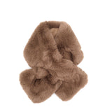 Mocha faux fur scarf looped through its pull-through channel