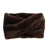Deep brown faux fur snood showing the twist front, on a white background