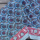 Cotton Hand Block Printed Tablecloth in Blue and Coral