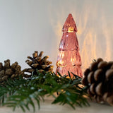 Small tree-shaped LED light in red glass, alternate view