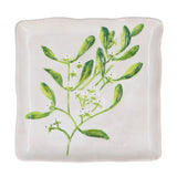 Square stoneware plate with green mistletoe design