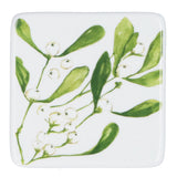 White ceramic coaster with green mistletoe design and cork base