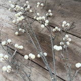 Cream faux berries on silvery frosted twigs