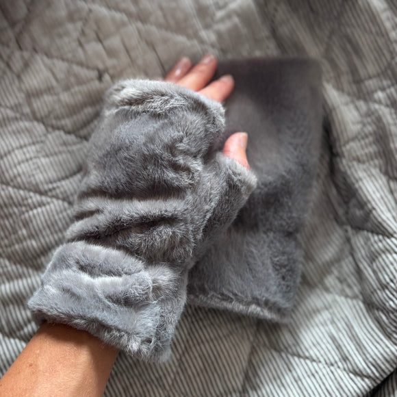 Faux Fur Fingerless Mittens - Grey