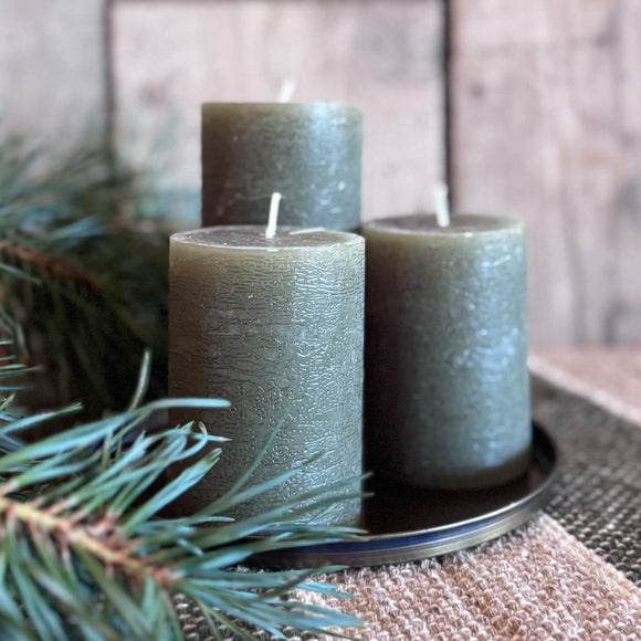 Rustic Pillar Candles in Olive