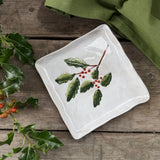 Square stoneware plate with green holly design, additional view