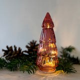 Small tree-shaped LED light in red glass, alternate view