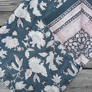 Cotton Hand Block Printed Tablecloth in Denim and White