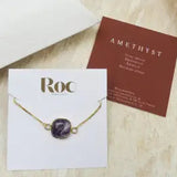 Amethyst slider bracelet on ROC display card with gift box and Amethyst meaning card