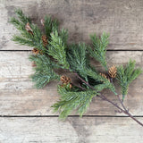 Faux evergreen fir stem with pine cones on wooden boards