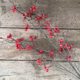 Faux red berry branch stem on rustic wooden boards