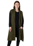 Model wearing the olive doubleknit roll collar gilet over a black top