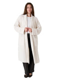 Model wearing the long cloudyarn cardigan in winter white