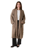Model wearing the long cloudyarn cardigan in mink marl