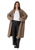 Mink marl cloudyarn long cardigan worn open over a white t-shirt and jeans