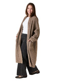 Mink marl cloudyarn long cardigan, side view showing a patch pocket