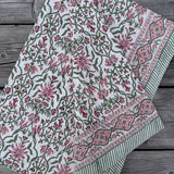 Cotton Hand Block Printed Tablecloth in Pink and Green Floral