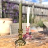 Olive Green pressed glass candlestick