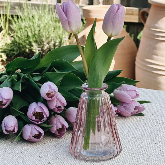 Angled Dusky Pink Ribbed Glass Bottle