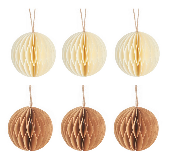 Set of 6 Natural & Cream Honeycomb Baubles