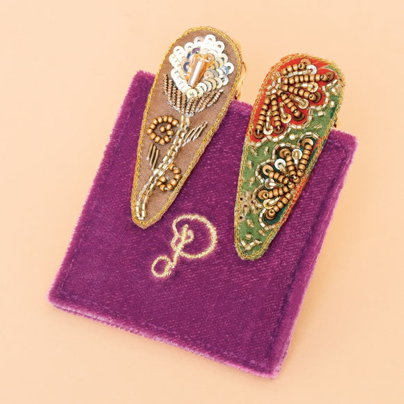 Jewelled Hairclips in Sage