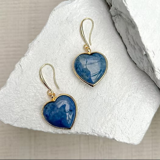 Dumortierite Puff Heart Gold Plated Earrings