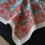 Cotton Hand Block Printed Tablecloth in Turquoise and Pink Floral