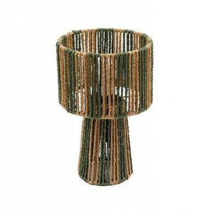 Woven paper lamp with a cylindrical shape in a green and natural striped design on a white background