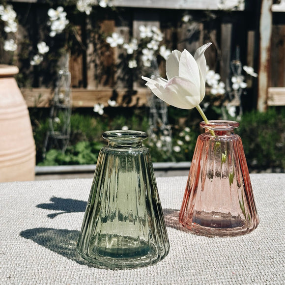 Angled Vintage Green Ribbed Glass Bottle