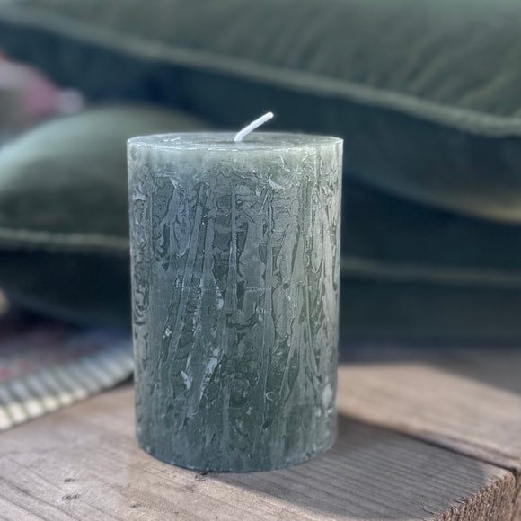 Rustic Pillar Candles in Moss Green