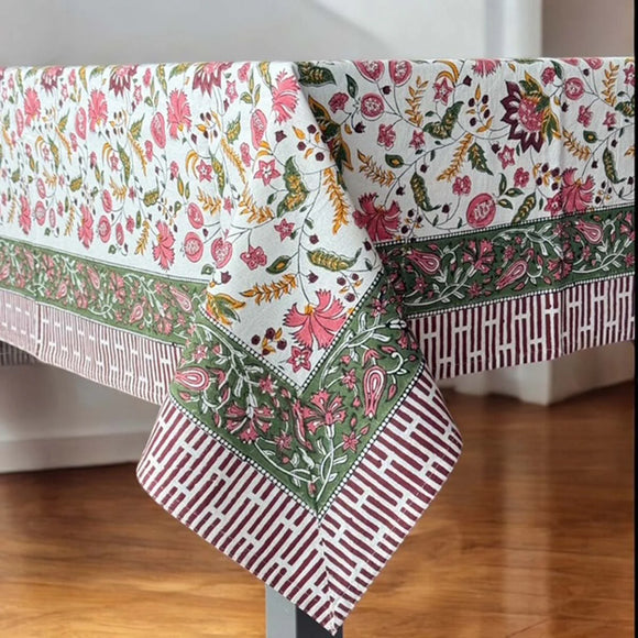Cotton Hand Block Printed Tablecloth in Olive and Pink