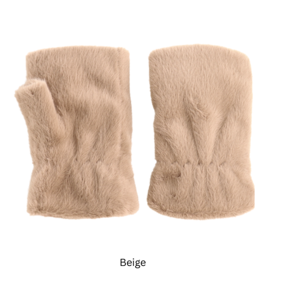 Faux Fur Fingerless Mittens - Beige