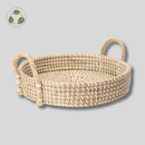 Handwoven natural seagrass tray with white binding and handles