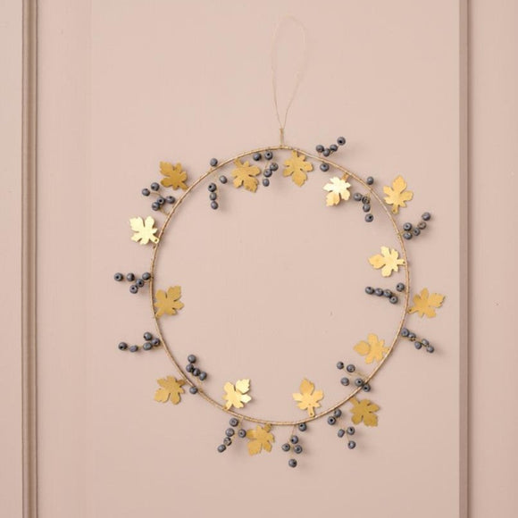 Wreath with Brass Leaves & Grey Beads
