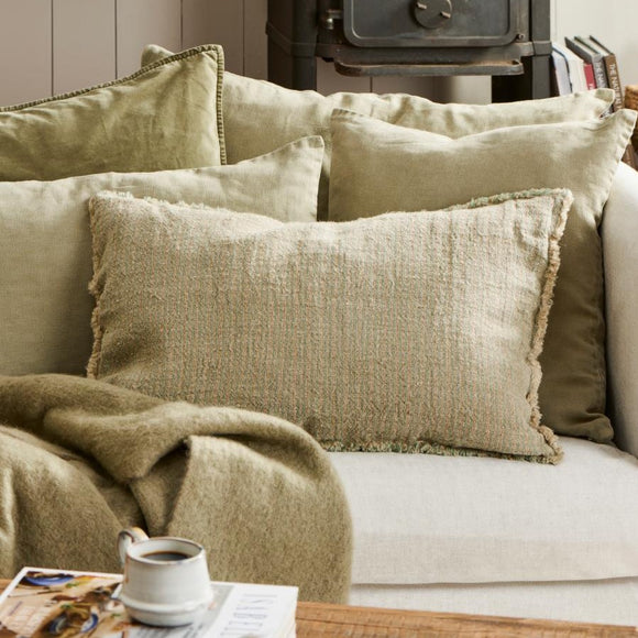 Natural Linen Cushion with Thin Green Stripes