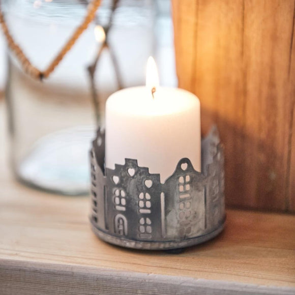 Zinc Candle Holder with Houses Silhouette