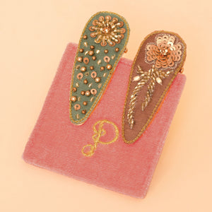 Jewelled Hairclips in Sage & Taupe
