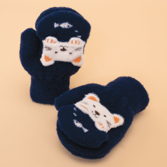 Kids Kitty Mittens in Navy