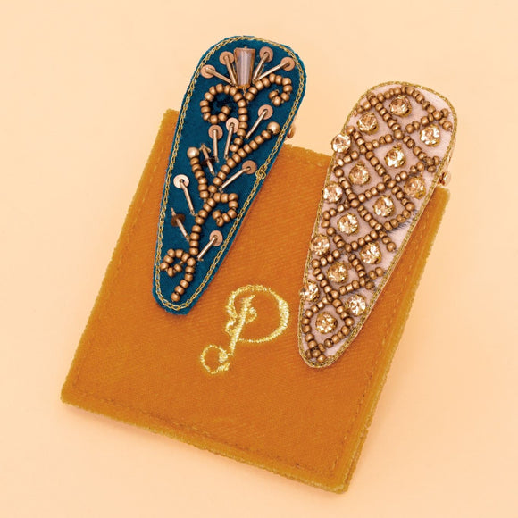 Jewelled Hairclips in Teal & Vanilla