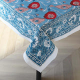 Cotton Hand Block Printed Tablecloth in Blue and Poppy Red Floral