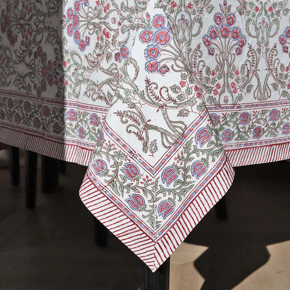 Cotton Hand Block Printed Tablecloth in lavender, pink and green Floral